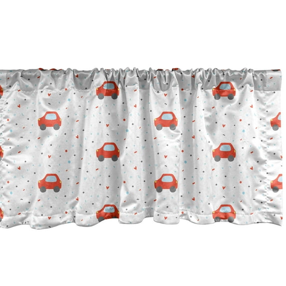 Ambesonne Cartoon Window Valance, Rounds Hearts and Cars, 42" x 12", Vermilion Pale Blue