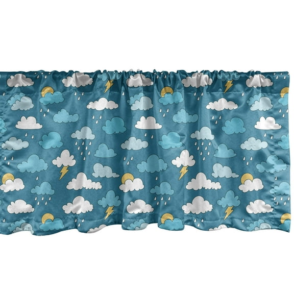 Ambesonne Cartoon Window Valance, Sky Rain Clouds Bolts Sun, 54" X 12", Sea Blue White Mustard