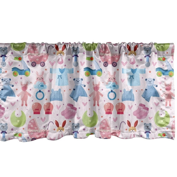 Ambesonne Cartoon Window Valance, Teddy Bear and Bunny Art, 54" X 18", Pale Pink Blue Rose