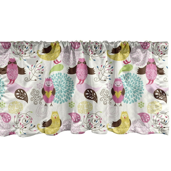 Ambesonne Cartoon Window Valance, Vivid Flora Birds, 54" X 18", Multicolor