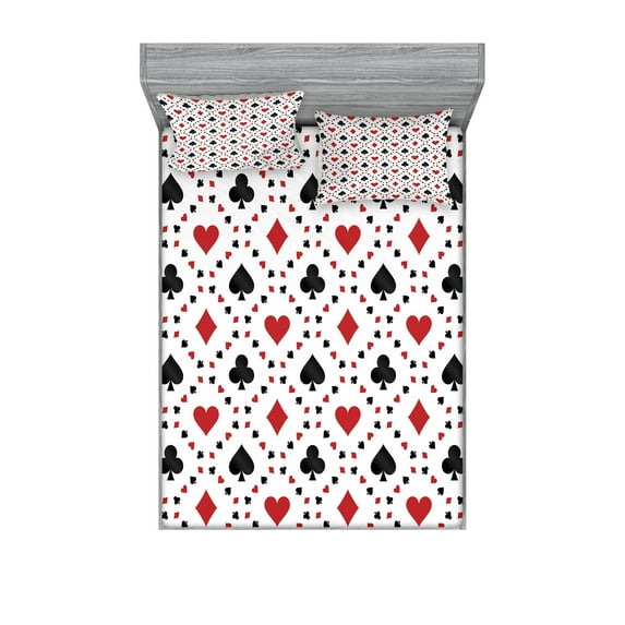 Ambesonne Casino Fitted Sheet & Pillow Sham Set, Tourist Poker Cards Art, Queen, Red Black