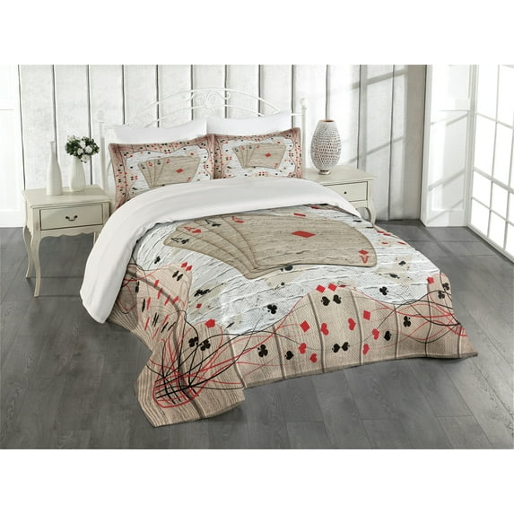 Ambesonne Casino Quilted Coverlet 3 Pcs, Lucky Gambling Cards Art, Queen Size, Vermilion Charcoal Grey