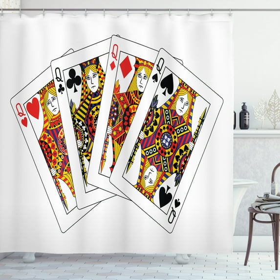 Ambesonne Casino Shower Curtain, Queens Poker Play Cards, 69"Wx84"L, Black Red Yellow
