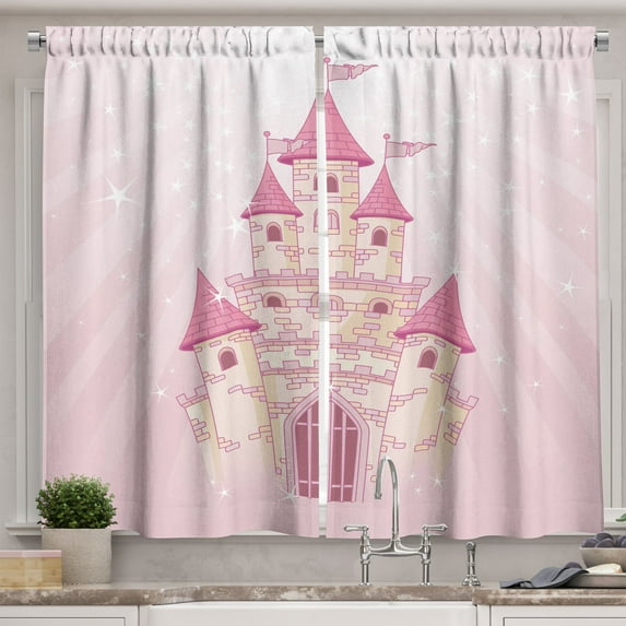 Ambesonne Castle Kitchen Curtains, Wonder Tale Fortress Art, 55"x45", Rose and Pale Mustard