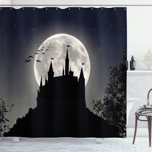 Ambesonne Castle Shower Curtain, Fortress Silhouette at Night, 69"Wx70"L, Black Dark Blue Grey