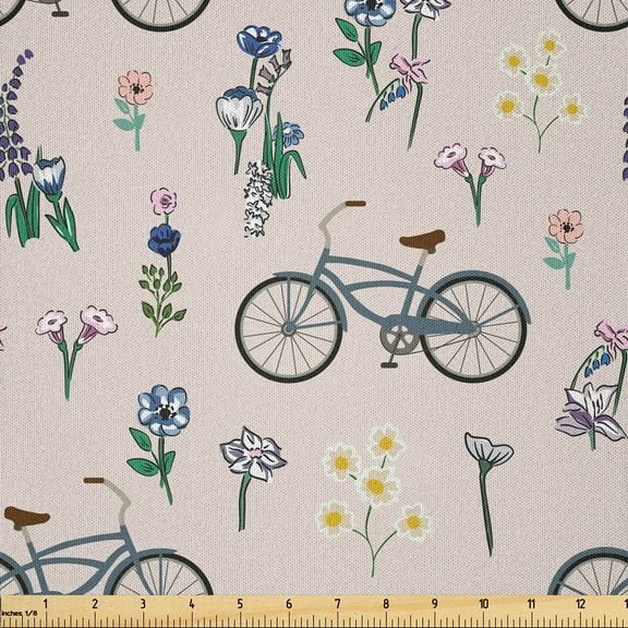 Ambesonne Casual Day Fabric by the Yard Microfiber, Spring Life Bicycle Art, 3 Yards, Pale Eggshell and Slate Blue
