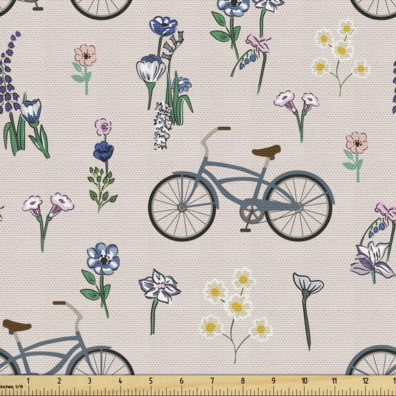 Ambesonne Casual Day Fabric by the Yard Upholstery, Spring Life Bicycle Art, 1 Yard, Pale Eggshell and Slate Blue
