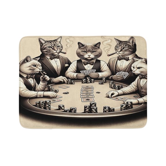 Ambesonne Cat Bath Mat, Gentleman Kitties Playing Poker, 30.2" x 20", Ivory Dark Taupe