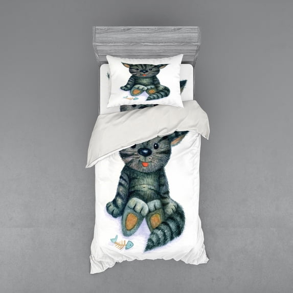 Ambesonne Cat Bedding Set 3 Pcs, Cat Cartoon Fish Skeleton, Twin, Grey Cream