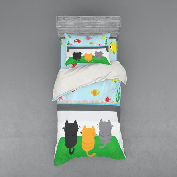 Ambesonne Cat Bedding Set 3 Pcs, Cats Looking at Fishtank, Twin XL, Multicolor