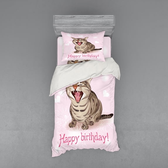 Ambesonne Cat Bedding Set 3 Pcs, Funny Kitten Greeting Song, Twin, Pale Pink Brown