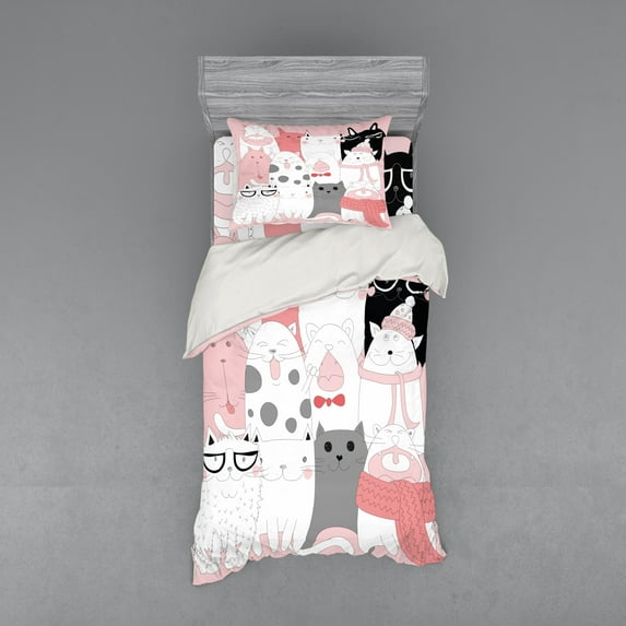 Ambesonne Cat Bedding Set 3 Pcs, Funny Kittens Humor Doodle, Twin XL, Pale Pink White Black