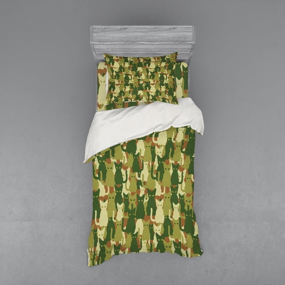 Ambesonne Cat Bedding Set 3 Pcs, Kitten Silhouettes Jungle, Twin, Green Dark Green Cream
