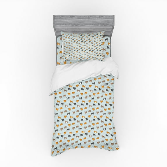 Ambesonne Cat Bedding Set 3 Pcs, Kittens Fun on Polka Dots, Twin XL, Pale Blue Multicolor
