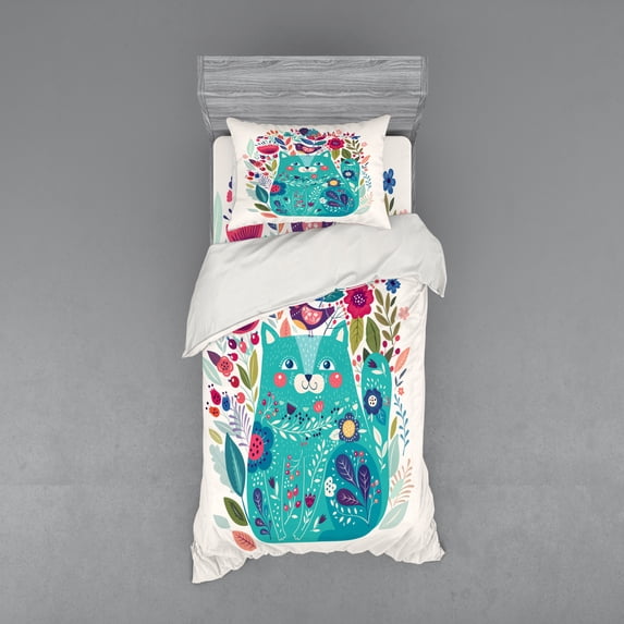 Ambesonne Cat Bedding Set 3 Pcs, Kitty with Flower and Bird, Twin, Multicolor Seafoam
