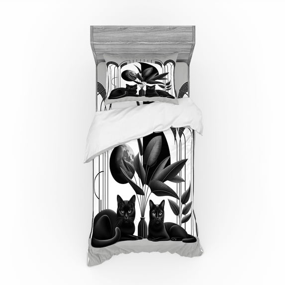 Ambesonne Cat Bedding Set 3 Pcs, Mid Century Modern Boho Kitties, Twin, Pale Grey Charcoal Grey