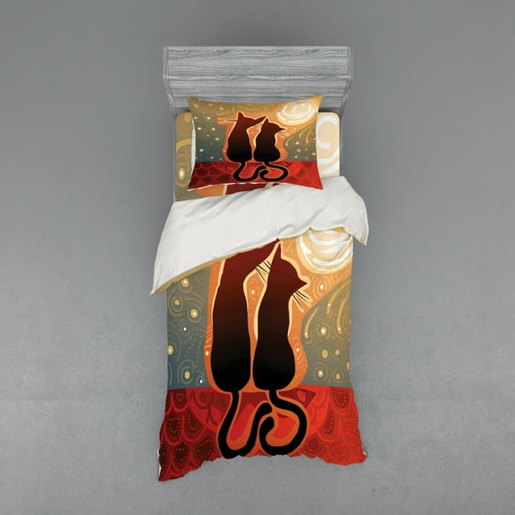 Ambesonne Cat Bedding Set 3 Pcs, Moon in a Starry Sky Love, Twin, Sage Green Orange
