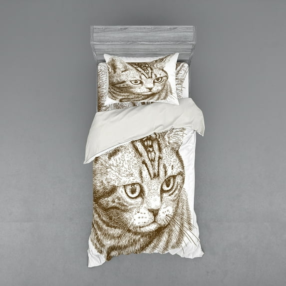 Ambesonne Cat Bedding Set 3 Pcs, Portrait of a Kitty Hipster, Twin XL, Green Brown White