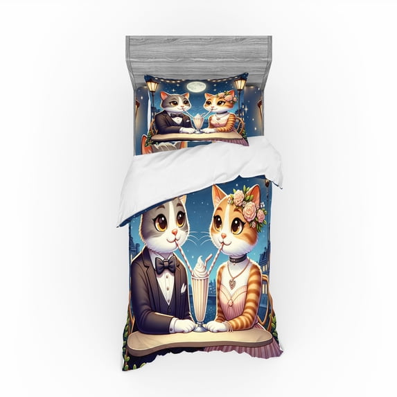 Ambesonne Cat Bedding Set 3 Pcs, Romantic Date Night Funny Kitty, Twin, Dark Blue Apricot