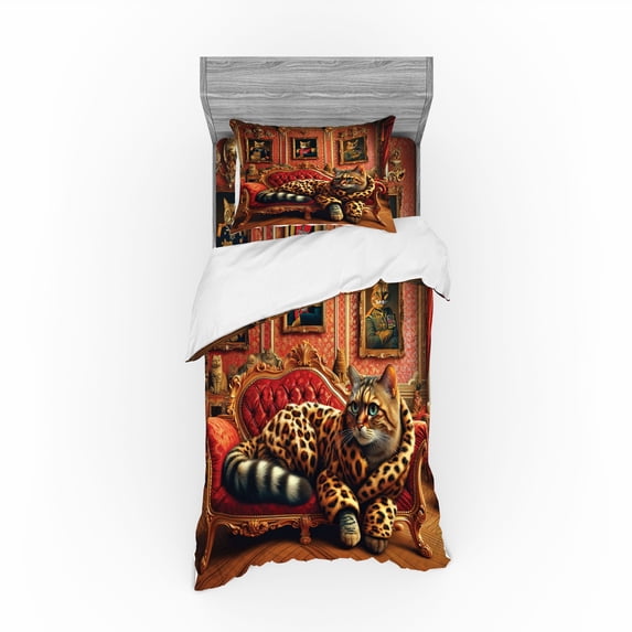 Ambesonne Cat Bedding Set 3 Pcs, Royal Kitty in Leopard Coat, TwinXL, Marigold Salmon