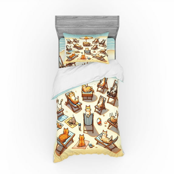 Ambesonne Cat Bedding Set 3 Pcs, Summer Kittens Sandy Beach Fun, TwinXL, Beige Orange Pale Blue