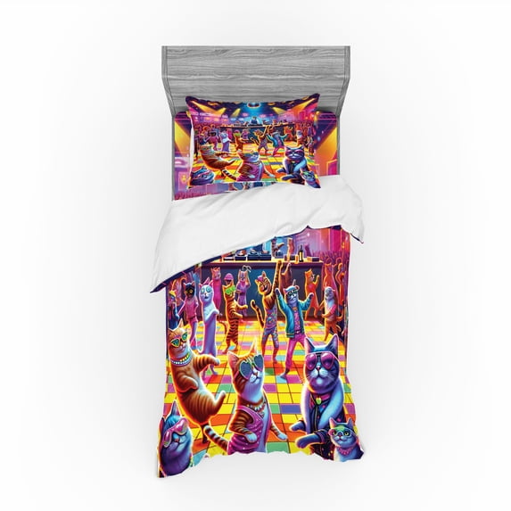 Ambesonne Cat Bedding Set 3 Pcs, Trippy Funny Kitty Disco Scene, Twin, Fuchsia Multicolor