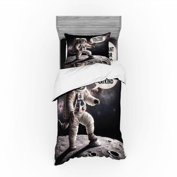 Ambesonne Cat Bedding Set 3 Pcs, Whimsical Astronaut Kitty Moon, Twin, Dark Purple Grey Coconut