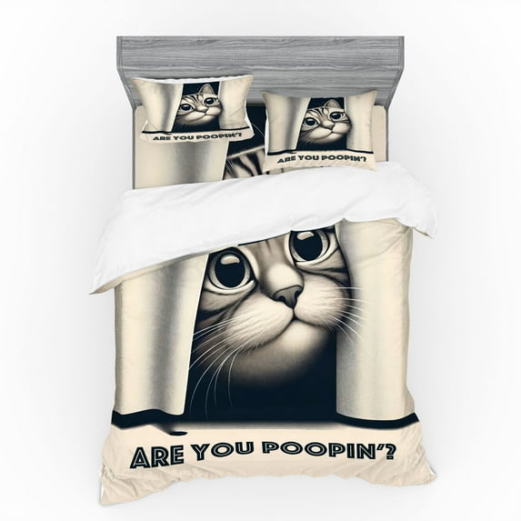 Ambesonne Cat Bedding Set 4 Pcs, Are You Poopin' Retro Funny, Queen, Dark Blue Ivory
