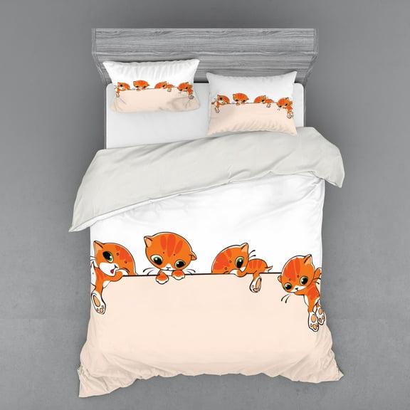 Ambesonne Cat Bedding Set 4 Pcs, Banner with Little Kitties, Queen, Orange Cream White