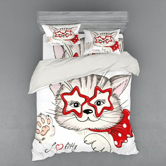 Ambesonne Cat Bedding Set 4 Pcs, Cat Star Glasses Funny, Queen, Pale Pink Beige and Red