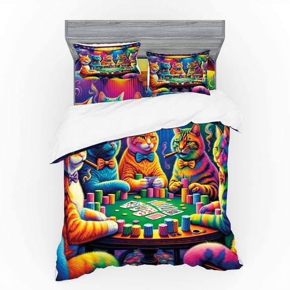 Ambesonne Cat Bedding Set 4 Pcs, Colorful Kitties Play Poker, Queen, Magenta Orange and Purple