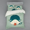 thumbnail image 1 of Ambesonne Cat Bedding Set 4 Pcs, Kitten Eating Huge Fish, Queen, Almond Green Teal, 1 of 3