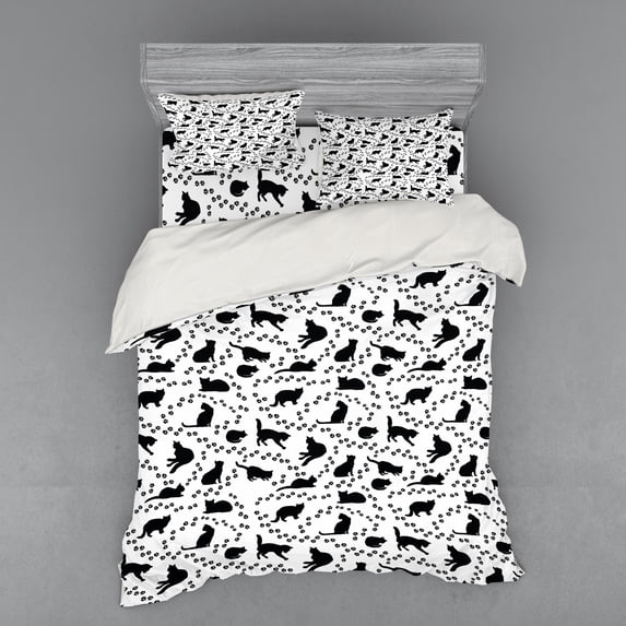 Ambesonne Cat Bedding Set 4 Pcs, Kittens Footprints Paws, Queen, Black and White