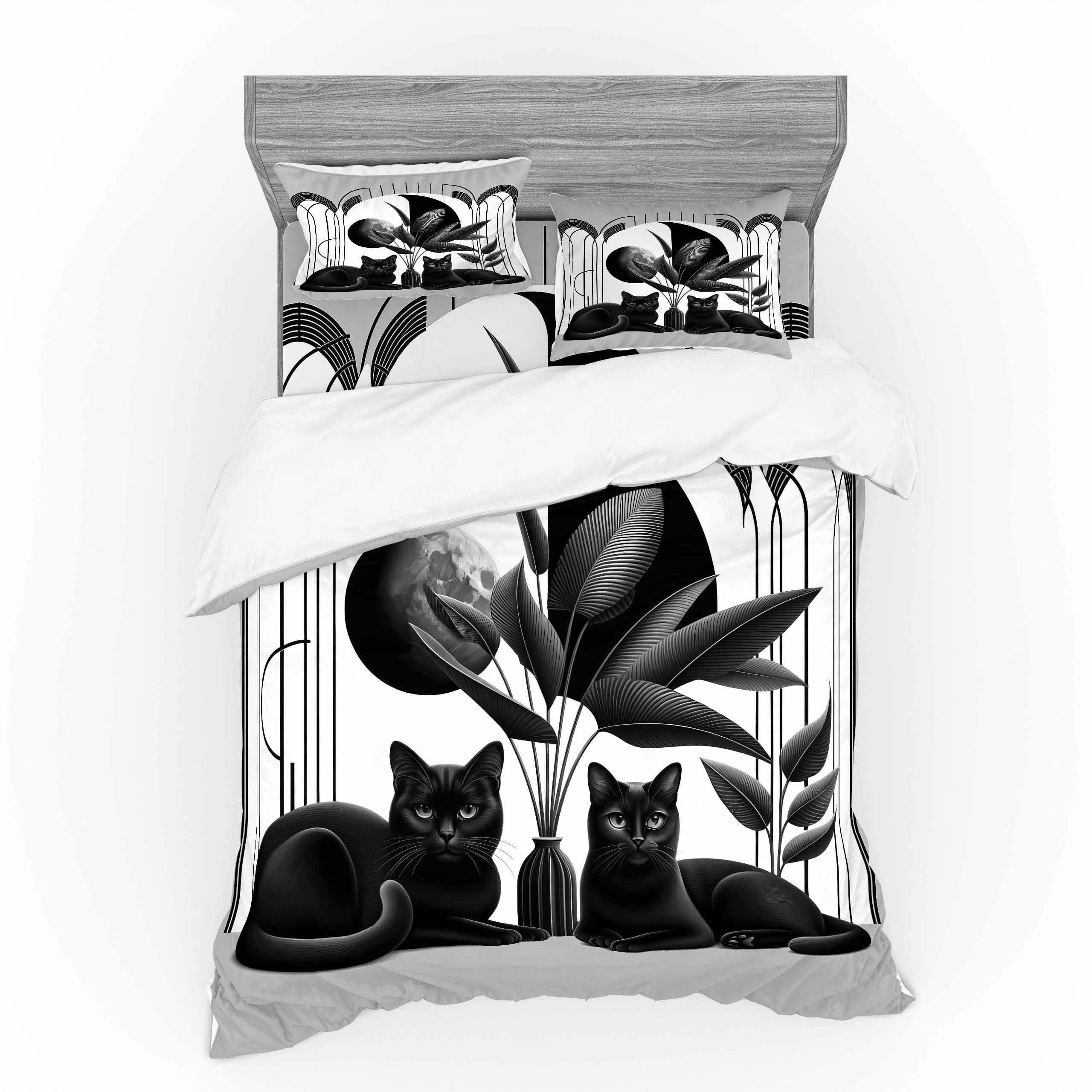 Queen Pale Grey Charcoal Grey Cat Duvet Cover Set