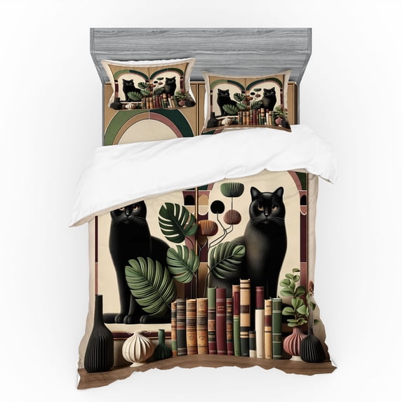 Ambesonne Cat Bedding Set 4 Pcs, Monstera Kitties Books Vases, King, Sand Brown Maroon Green