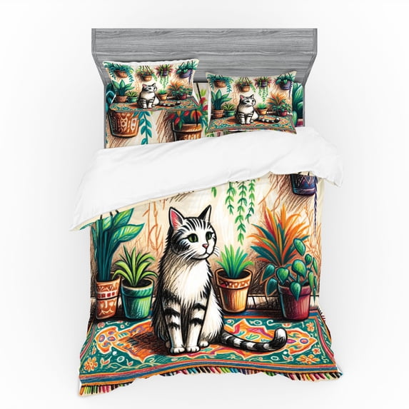 Ambesonne Cat Bedding Set 4 Pcs, Painting Boho Cozy Scene Kitty, Calking, Jade Green Grey Orange