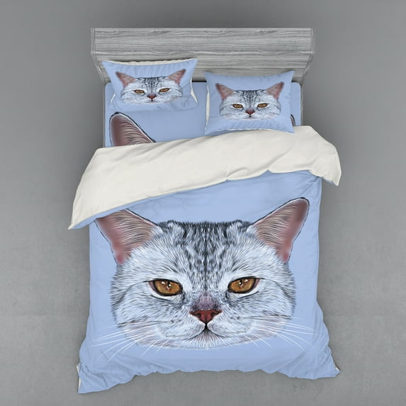 Ambesonne Cat Bedding Set 4 Pcs, Scottish Hipster Kitty Pet, Queen, Pale Blue Pale Grey