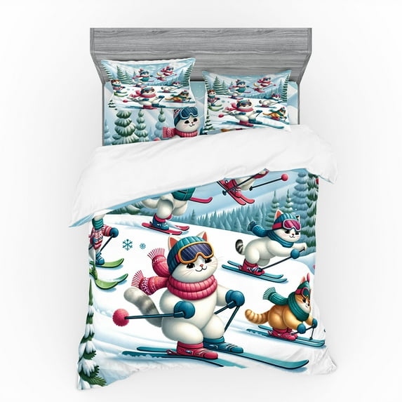 Ambesonne Cat Bedding Set 4 Pcs, Snowy Cartoon Skiing Kitties, Queen, Pale Blue Raspberry White