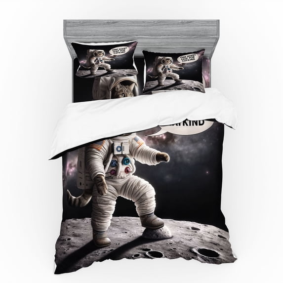 Ambesonne Cat Bedding Set 4 Pcs, Whimsical Astronaut Kitty Moon, Calking, Dark Purple Grey Coconut