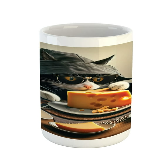 Ambesonne Cat Ceramic Coffee Mug, Kitty Having Feast with Cheese, 11 oz, Marigold and Charcoal Grey