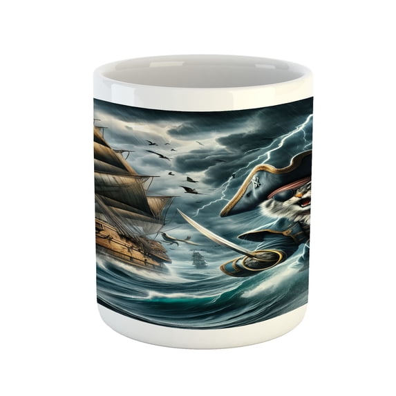 Ambesonne Cat Ceramic Coffee Mug, Stormy Ocean Pirate Kitty Ship, 11 oz, Dark Slate Blue and Amber