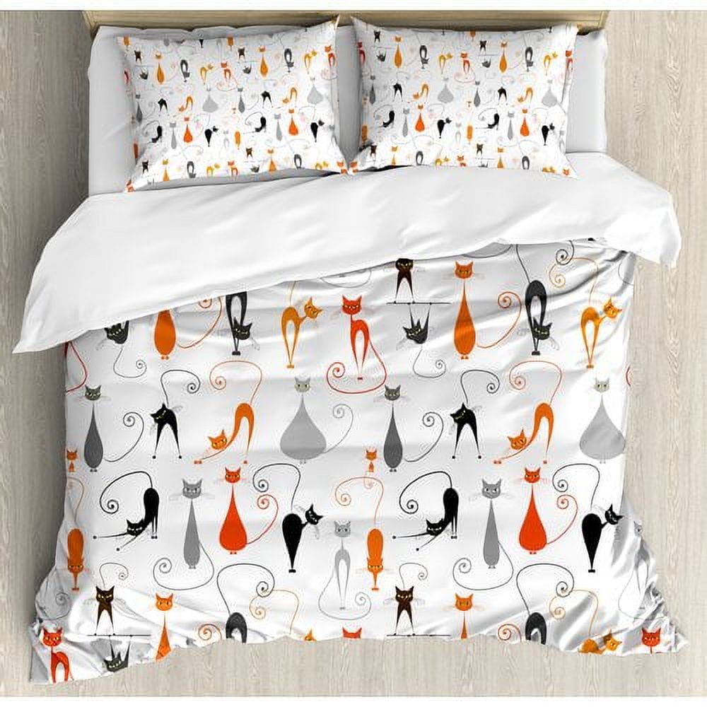 Queen White Polyester Duvet Cover Set with Colorful Cats
