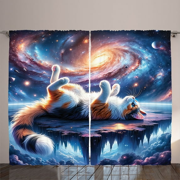 Ambesonne Cat Curtains 2 Panel Set, Astro Kitty Watching the Space, 108" x 96", Sea Blue Orange and Rose