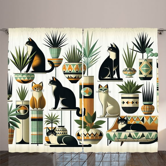Ambesonne Cat Curtains 2 Panel Set, Boho Ethnic Animal Botanocal, 108" x 84", Black Ginger Mint Green