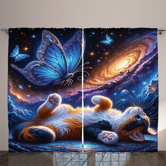 Ambesonne Cat Curtains 2 Panel Set, Butterfly and Kitten Galaxy, 108" x 63", Azure Blue Orange Purple