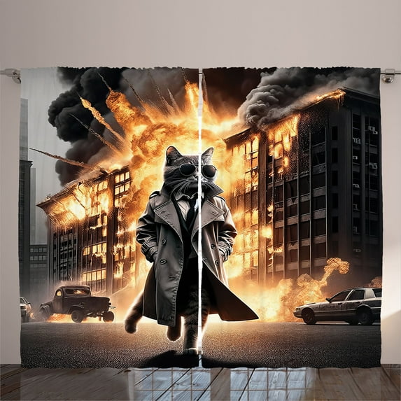 Ambesonne Cat Curtains 2 Panel Set, Cinematic Humorous Agent Kitty, 108" x 90", Pale Orange and Dark Grey
