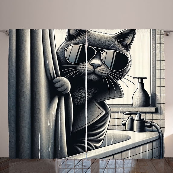 Ambesonne Cat Curtains 2 Panel Set, Cool Detective Kitty Monochrome, 108" x 96", Dark Grey Pale Sepia