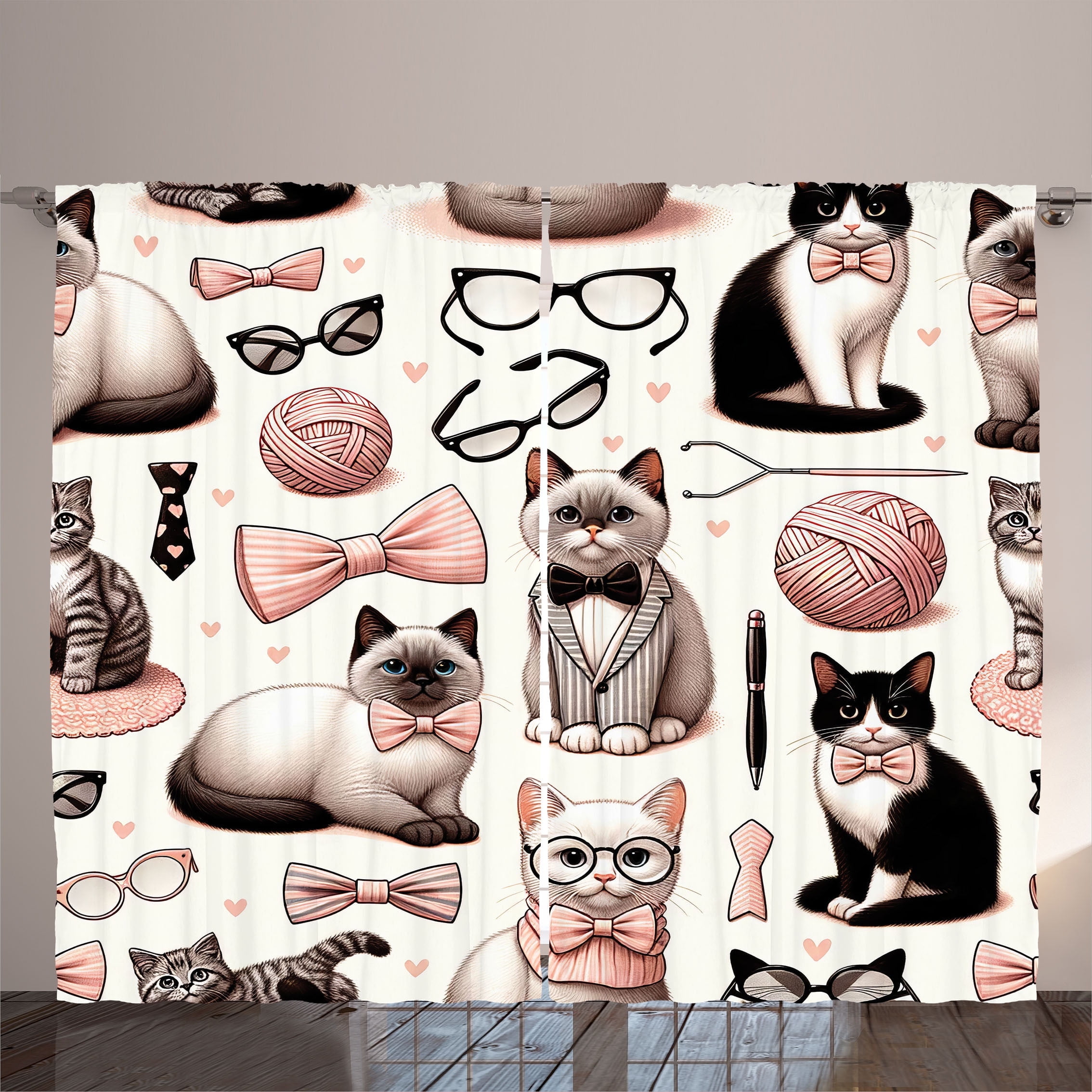 Playful Cat Print Blue Polyester Blackout Curtain Panel