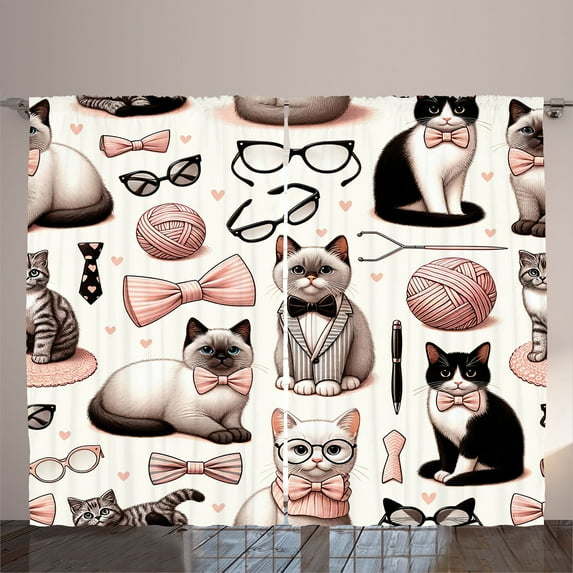 Ambesonne Cat Curtains 2 Panel Set, Funny Nerd Kitties Pastel Tones, 108" x 108", Pale Pink Dark Taupe