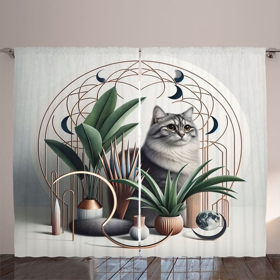 Ambesonne Cat Curtains 2 Panel Set, Kitty in a Noble Pose Bohemian, 108" x 90", Grey Green Pale Rust